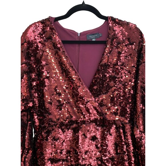 Ted Baker Sequins Burgundy Wine Emmalee Surplice Midi Dress US 6 - Picture 6 of 9